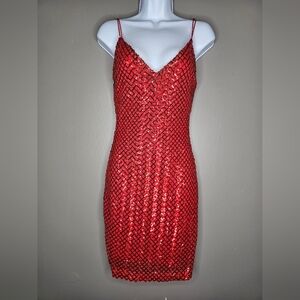 B. SMART Red Criss-Cross Strappy Back Sequin Mini Dress. Small